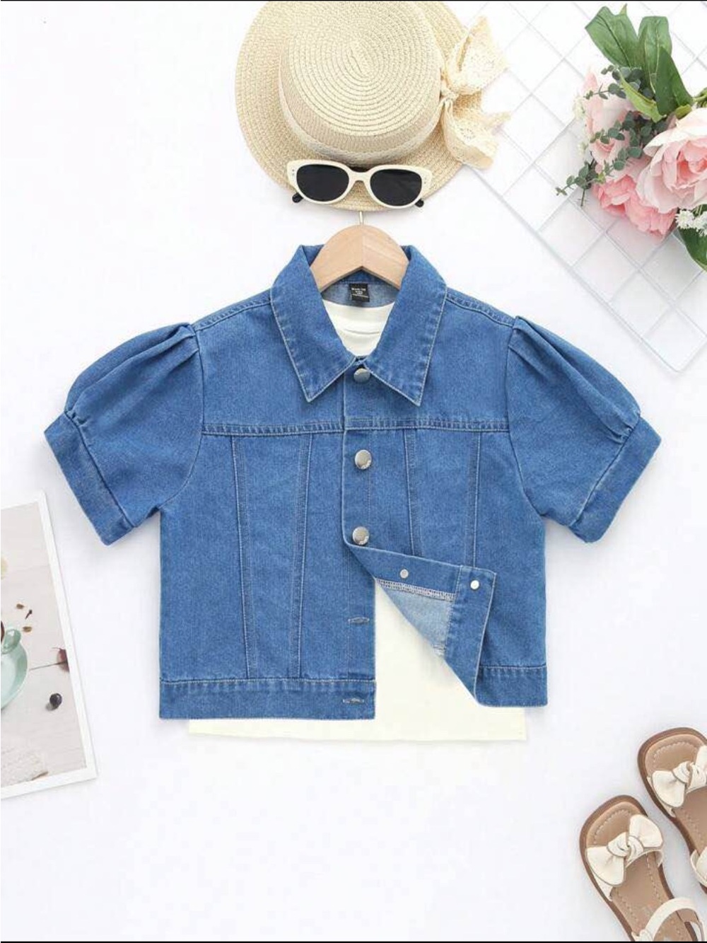 Girl / Kids Short-Sleeve Denim Button Up shirt with Puff Sleeves